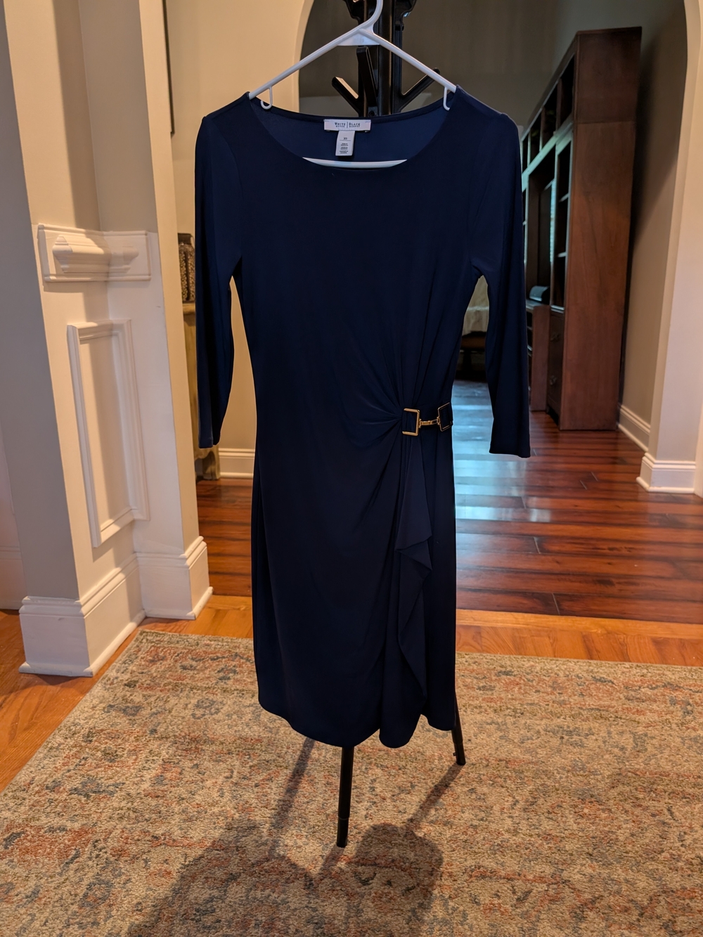 White House Black Market Navy Midi Dress with Gold Buckle